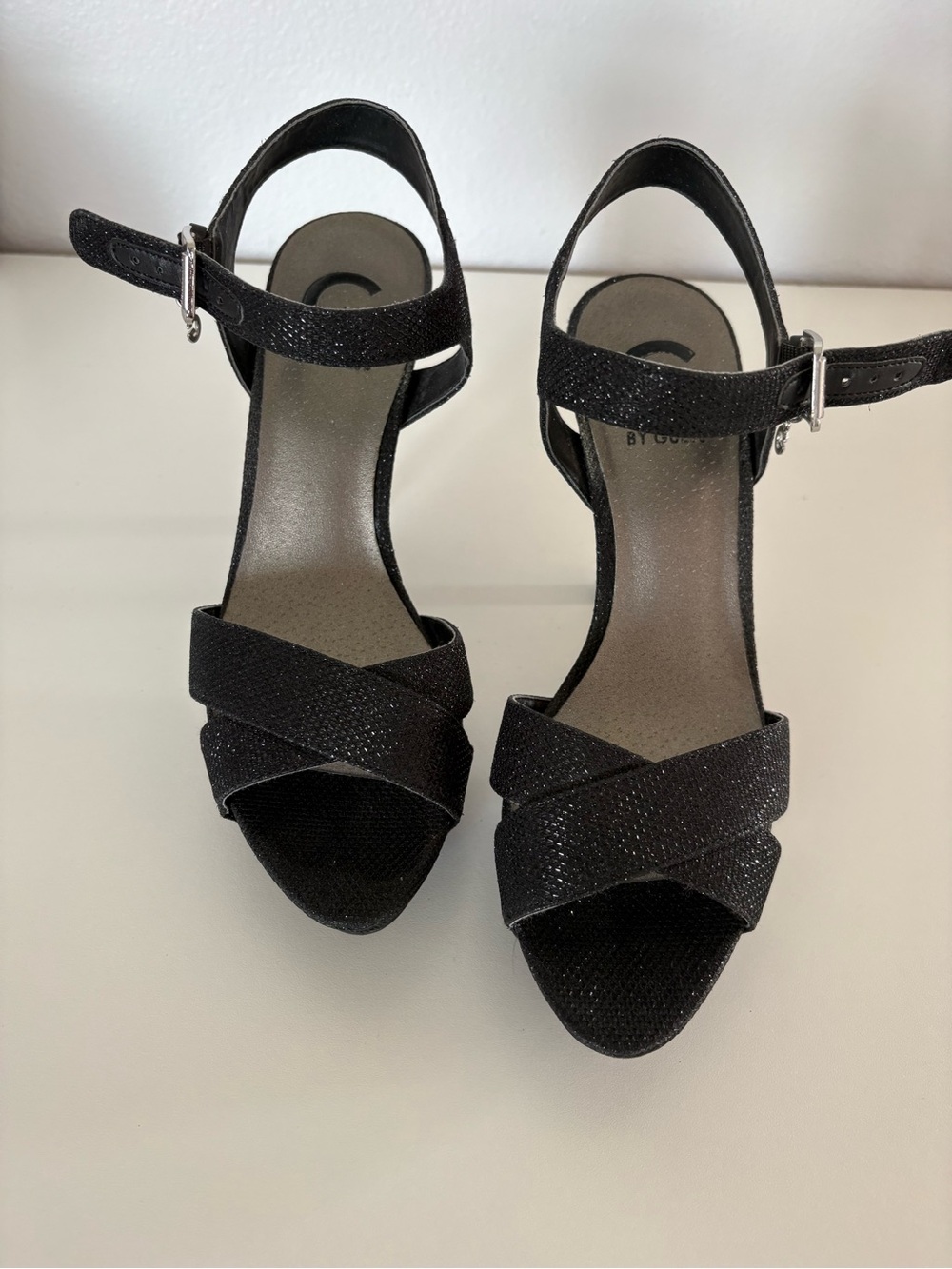 G by Guess Black Sparkle Cross-Strap Heels #7, 5” Heel